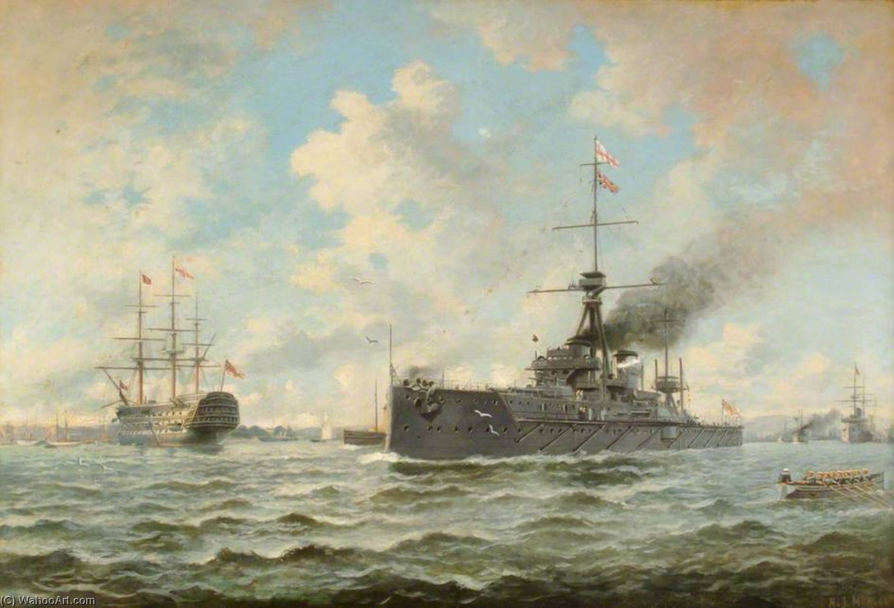 Wikioo.org - The Encyclopedia of Fine Arts - Painting, Artwork by Henry J Morgan - 'Dreadnought' and 'Victory' at Portsmouth