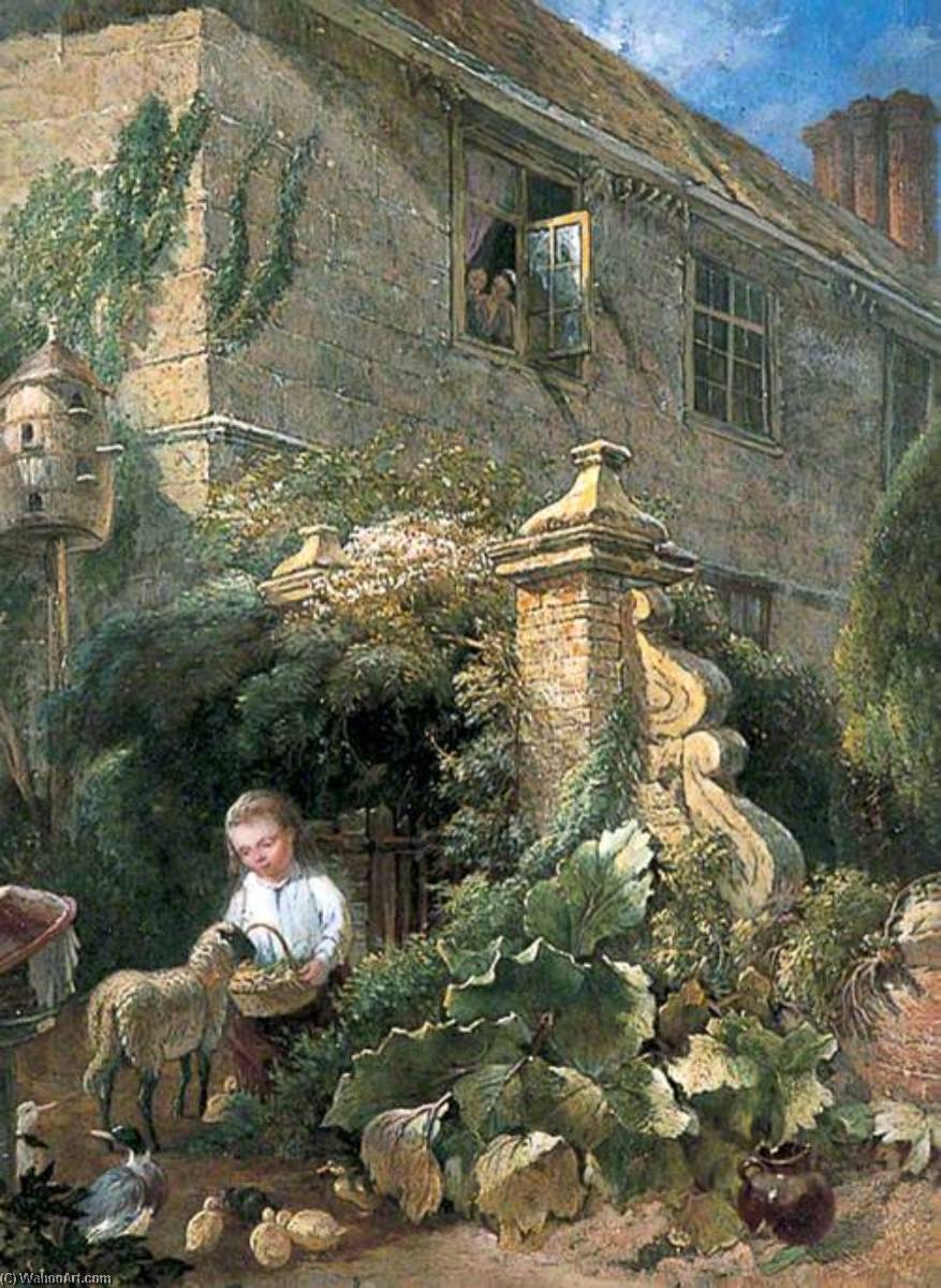 Wikioo.org - The Encyclopedia of Fine Arts - Painting, Artwork by Charles Tattershall Dodd I - Isabelle Rebecca Dodd Feeding a Ewe, Ducks and Chickens at Groombridge, Kent