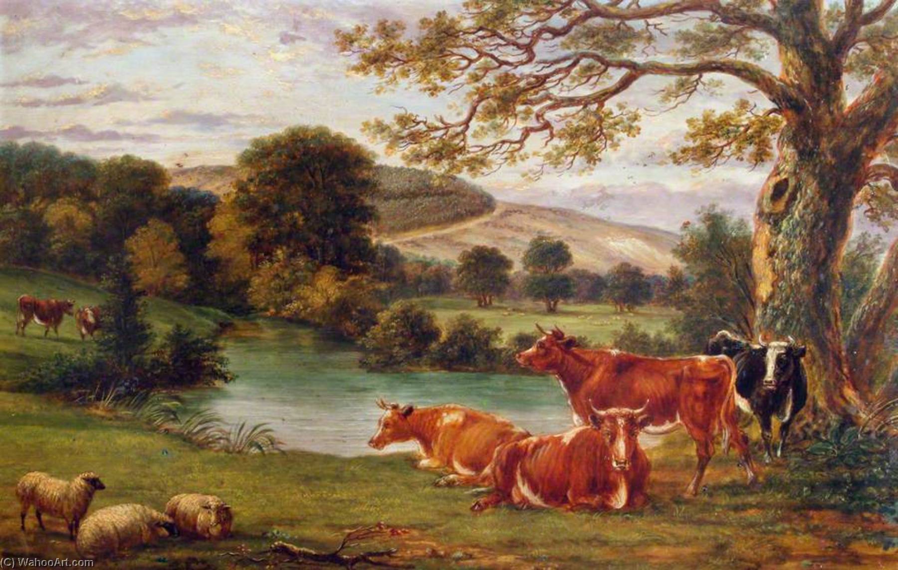 Wikioo.org - The Encyclopedia of Fine Arts - Painting, Artwork by John Beckett - Boxhill, River Mole and Cows, Dorking, Surrey