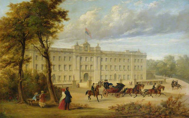 Wikioo.org - The Encyclopedia of Fine Arts - Painting, Artwork by Jennens Bettridge - Buckingham Palace (before the Aston Webb facade), with an Open Carriage Leaving the Palace