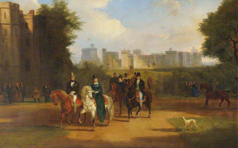 Wikioo.org - The Encyclopedia of Fine Arts - Painting, Artwork by Jennens Bettridge - Windsor Castle with Queen Victoria, Prince Albert and Arthur Wellesley, 1st Duke of Wellington, Riding from the Castle