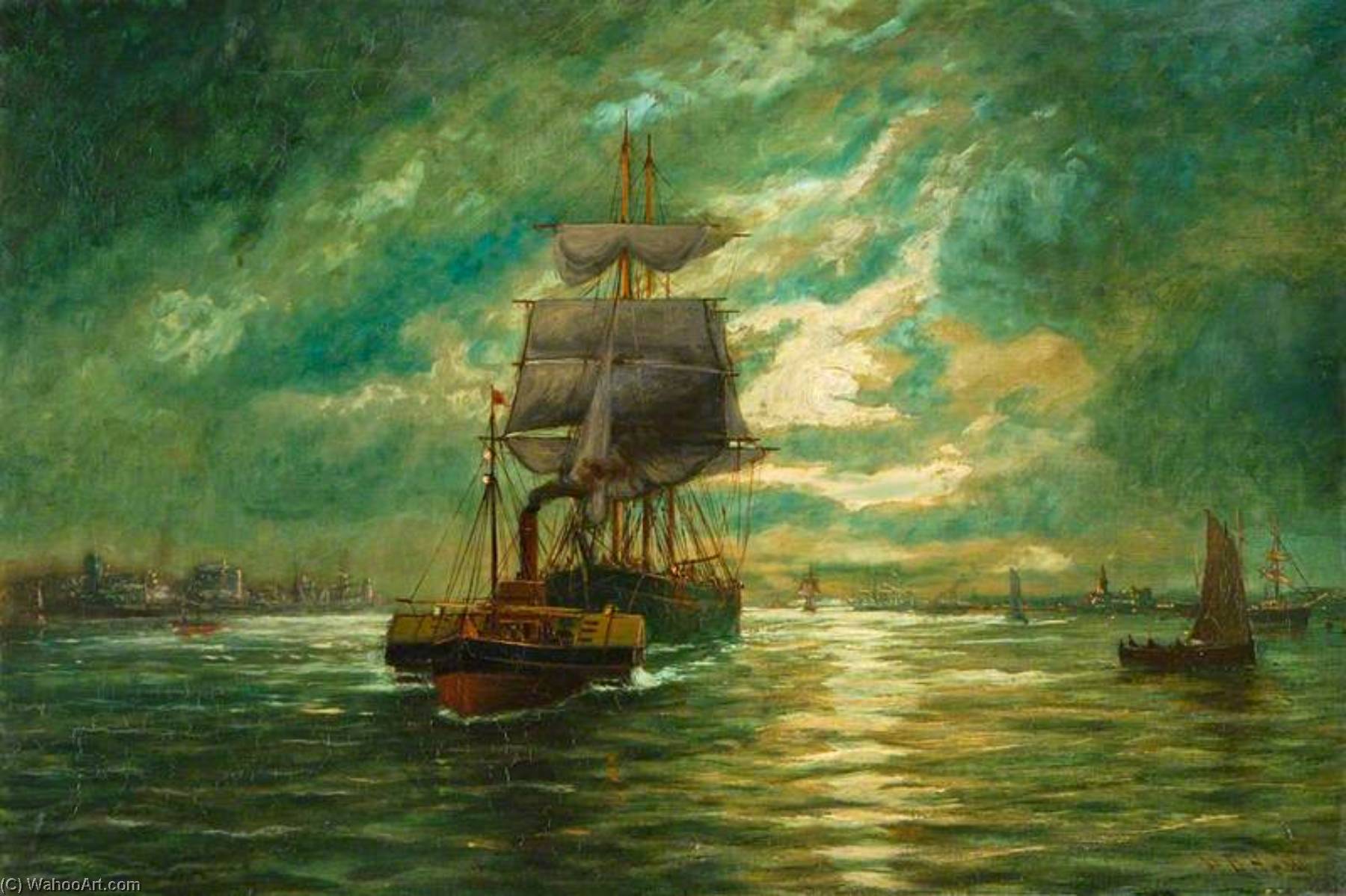 Wikioo.org - The Encyclopedia of Fine Arts - Painting, Artwork by Bernard Benedict Hemy - A Tug Towing a Sailing Boat