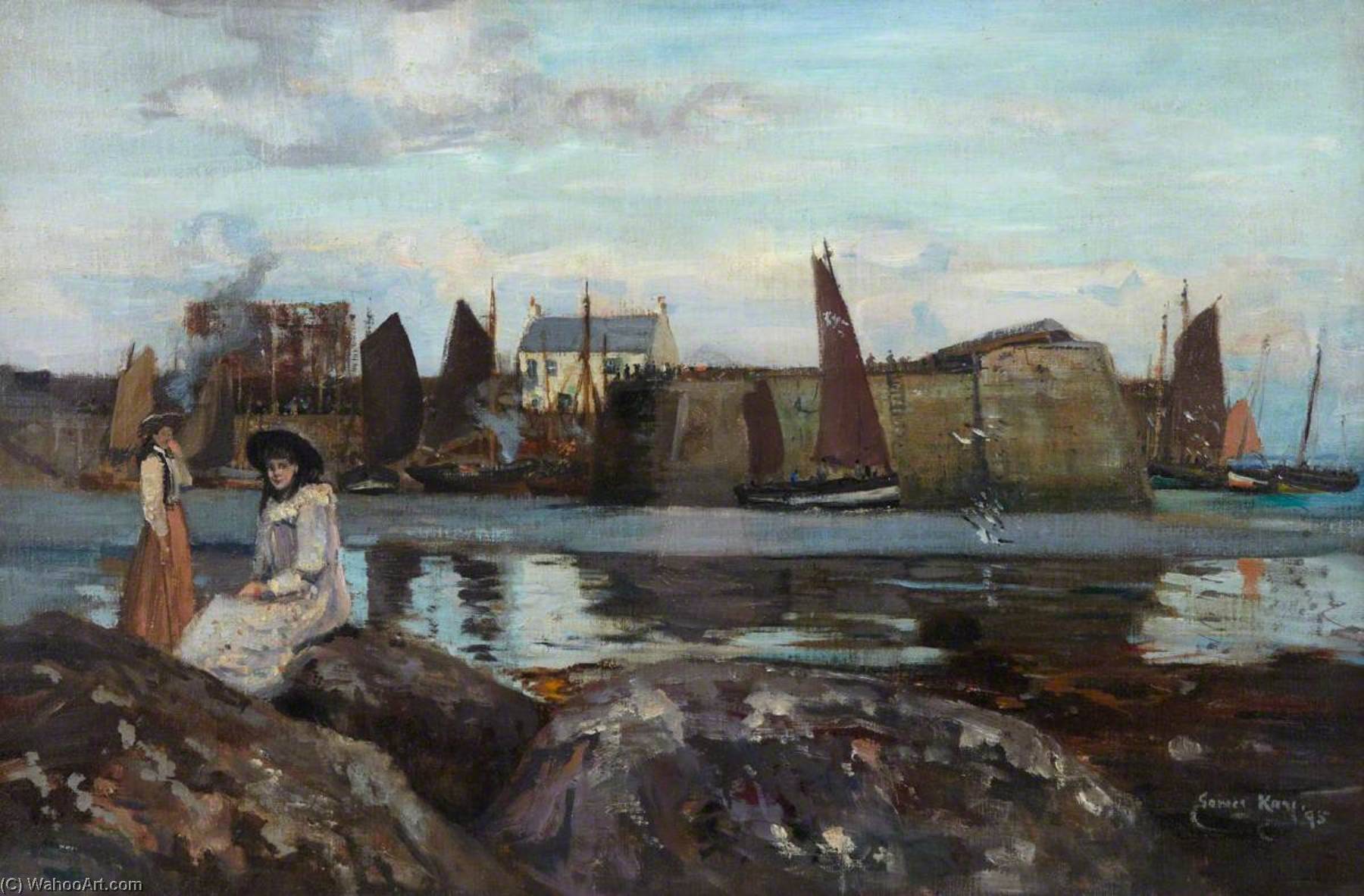 Wikioo.org - The Encyclopedia of Fine Arts - Painting, Artwork by James Kay - Harbour and Figures