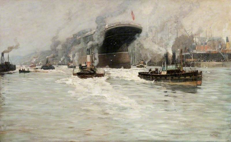 Wikioo.org - The Encyclopedia of Fine Arts - Painting, Artwork by James Kay - The Launch of the 'Lusitania'