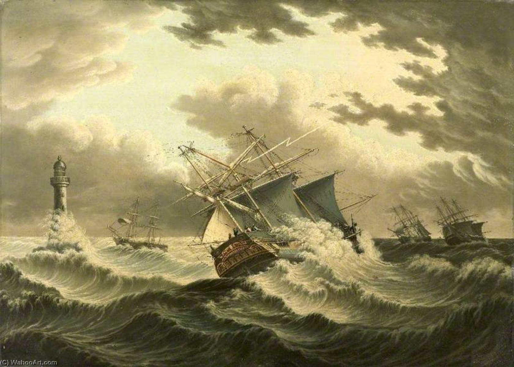 Wikioo.org - The Encyclopedia of Fine Arts - Painting, Artwork by James H Wheldon - A Barque Struck by Lightning off Eddystone Lighthouse, Cornwall