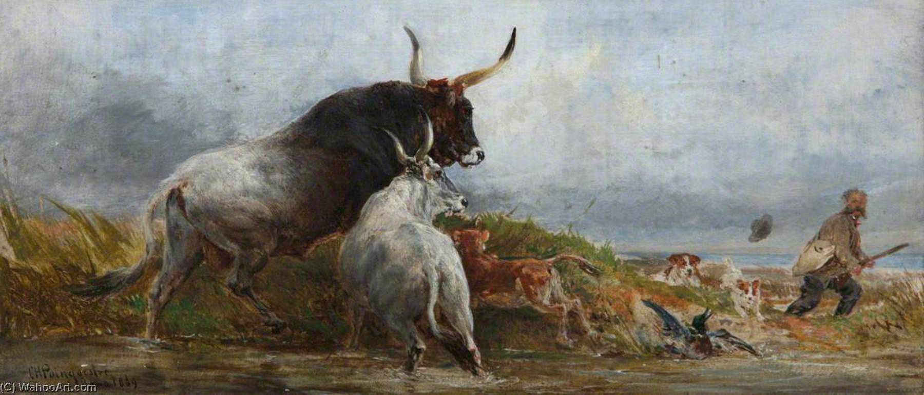Wikioo.org - The Encyclopedia of Fine Arts - Painting, Artwork by Charles Poingdestre - Alarmed Cattle Chasing a Wild Fowler