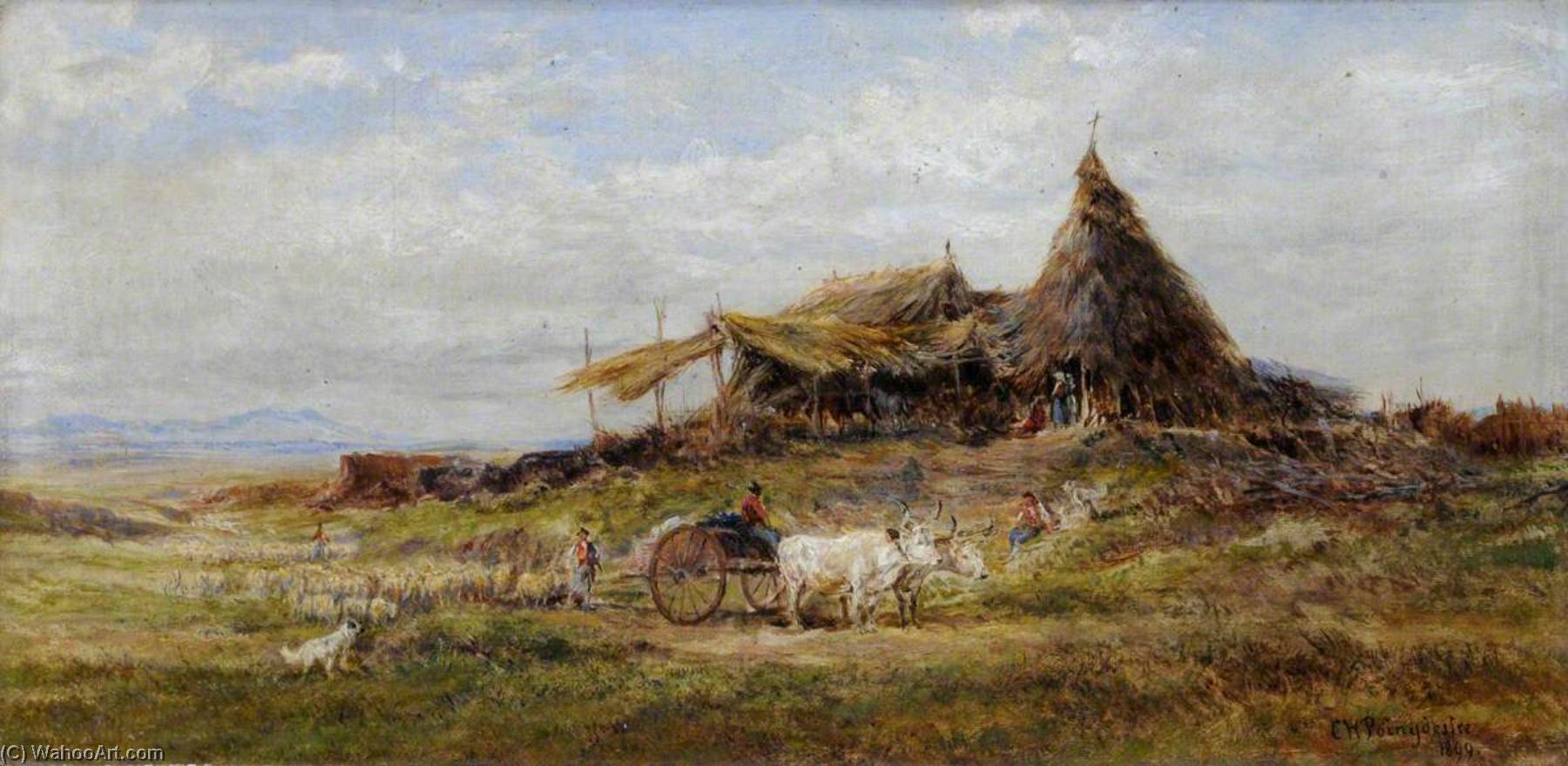 Wikioo.org - The Encyclopedia of Fine Arts - Painting, Artwork by Charles Poingdestre - Sheep, Shepherd, Oxcart and Huts in Plain Landscape