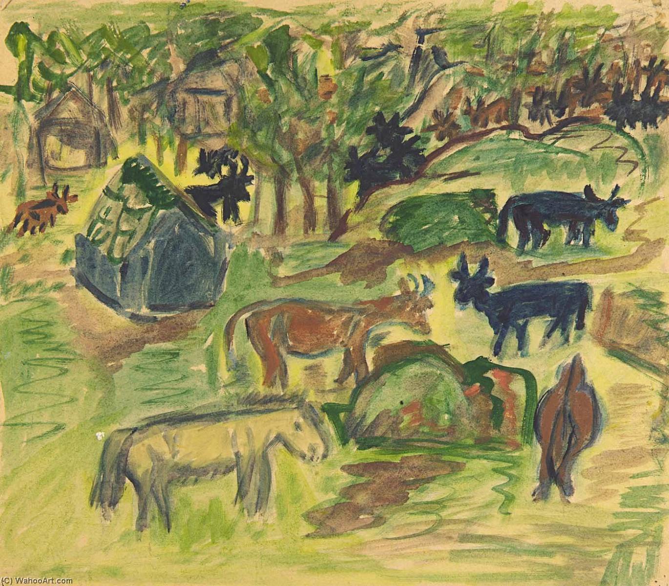 Wikioo.org - The Encyclopedia of Fine Arts - Painting, Artwork by William Henry Johnson - Pastoral Scene Animals, Cabins, Trees