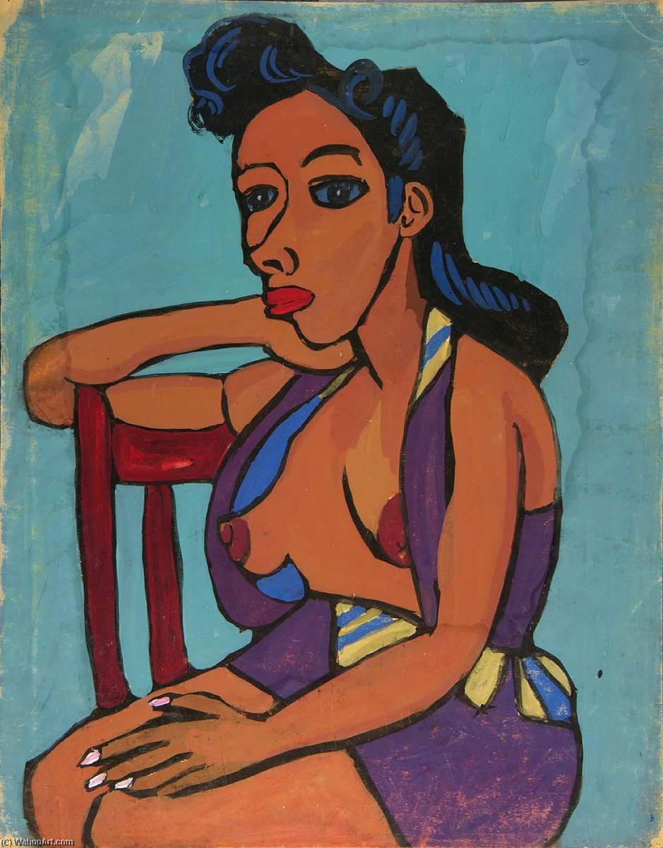WikiOO.org - Enciclopedia of Fine Arts - Pictura, lucrări de artă William Henry Johnson - Seated Semi Nude Woman in Purple Playsuit