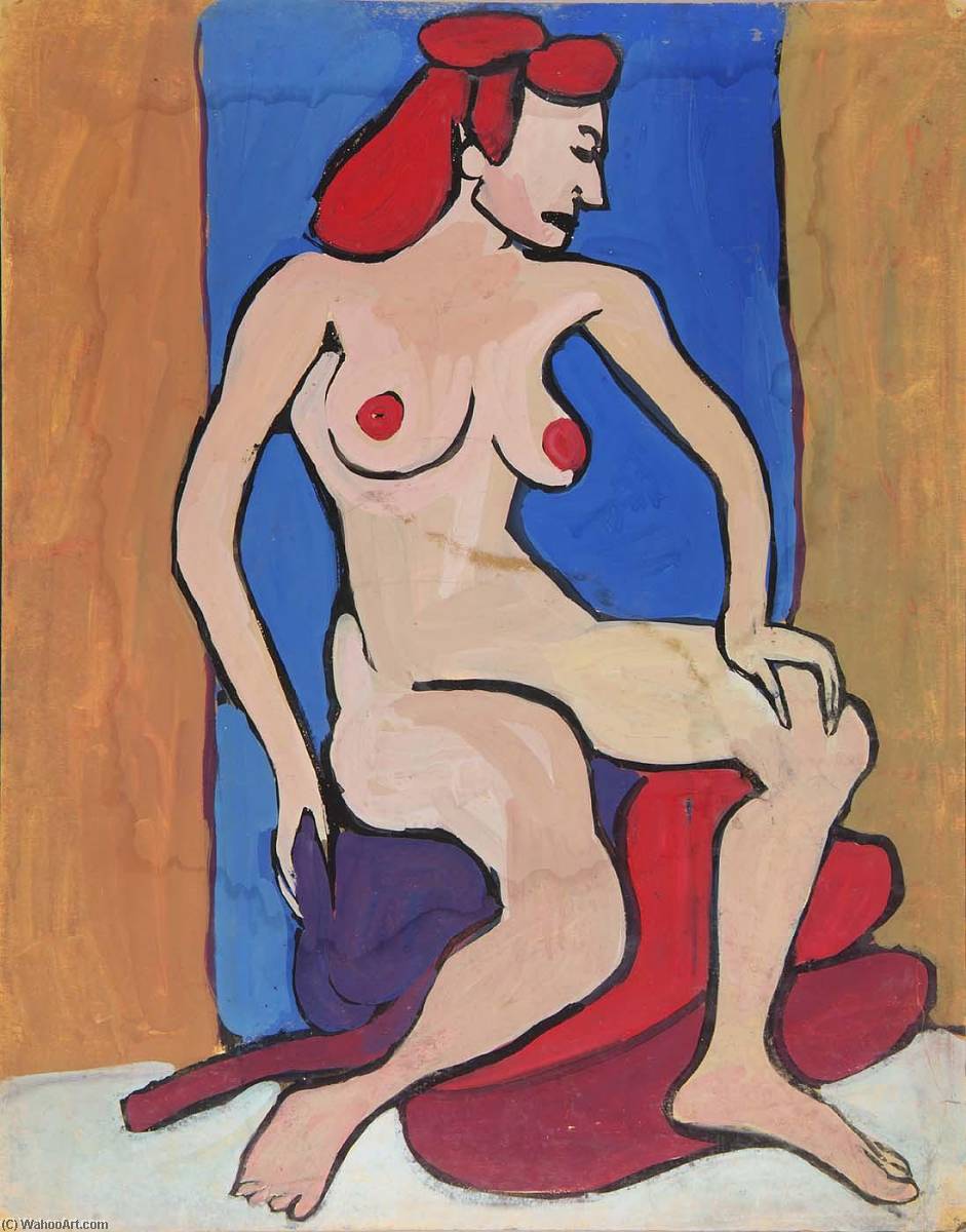WikiOO.org - Encyclopedia of Fine Arts - Målning, konstverk William Henry Johnson - Female Nude with Red Hair Seated on Pillows