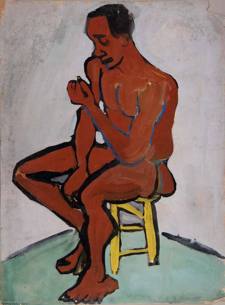 Wikioo.org – La Enciclopedia de las Bellas Artes - Pintura, Obras de arte de William Henry Johnson - Desnudo masculino en  amarillas  taburete