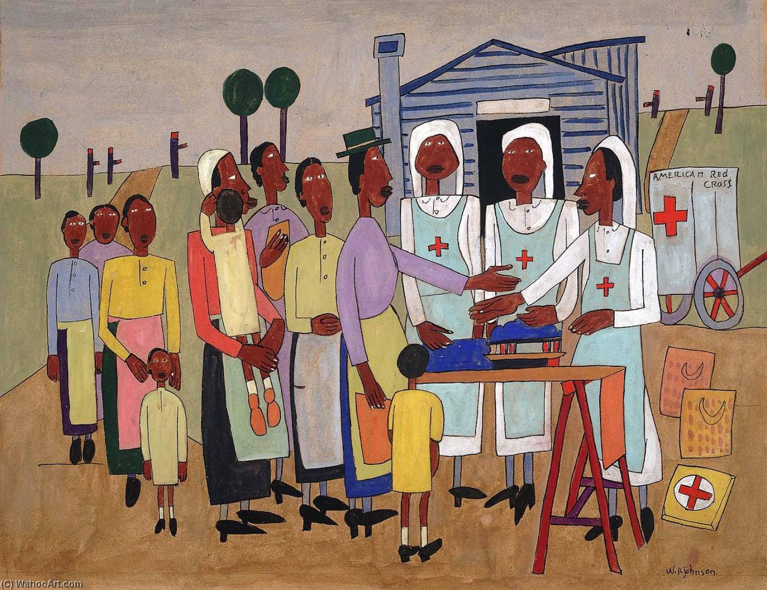 Wikioo.org - The Encyclopedia of Fine Arts - Painting, Artwork by William Henry Johnson - Red Cross Nurses Handing out Wool for Knitting