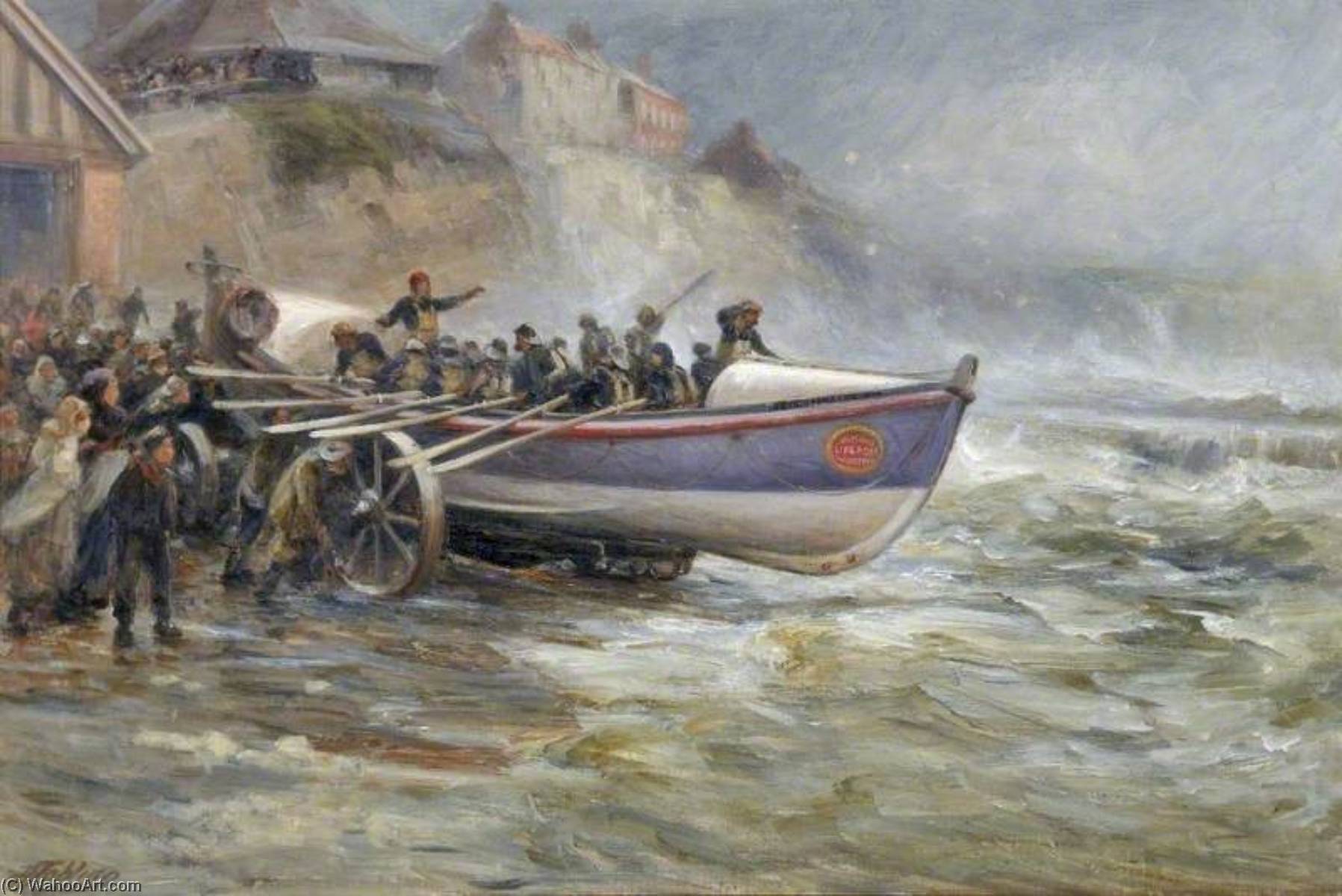 Wikioo.org - The Encyclopedia of Fine Arts - Painting, Artwork by Robert Jobling - Launching the Cullercoats Lifeboat