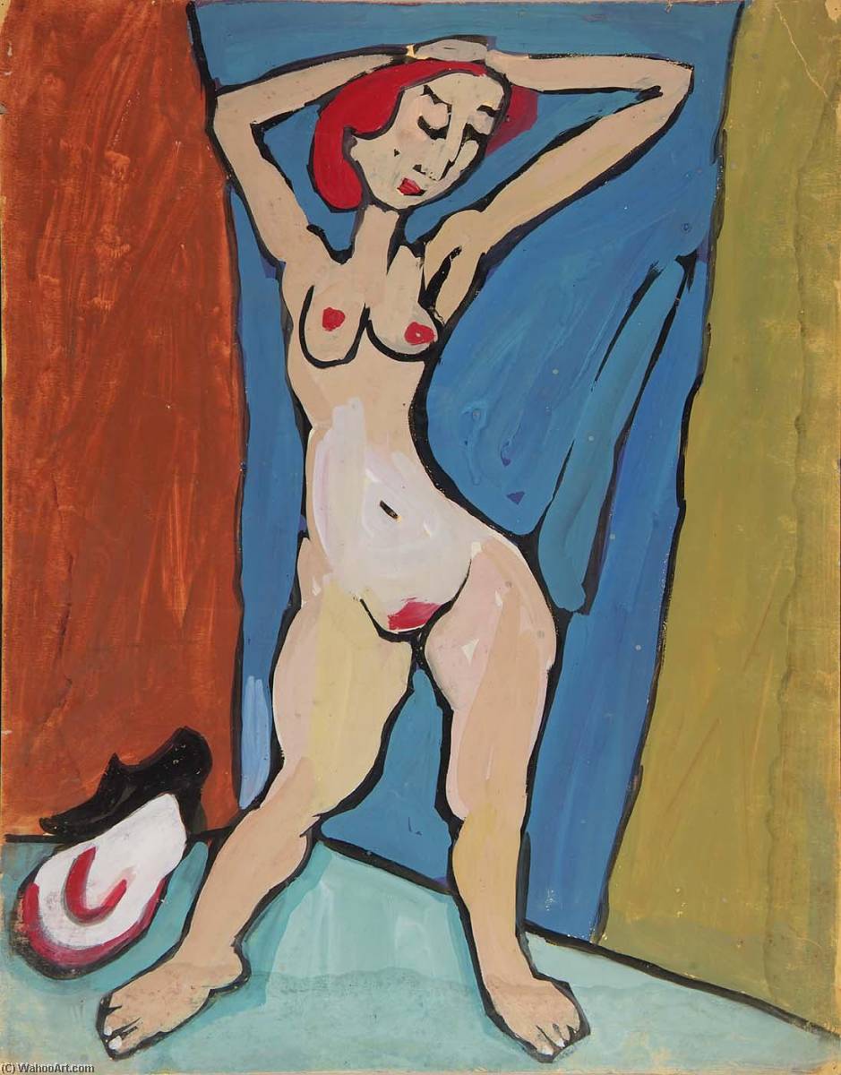 WikiOO.org - Encyclopedia of Fine Arts - Lukisan, Artwork William Henry Johnson - Standing Female Nude with Red Hair and Hands on Head