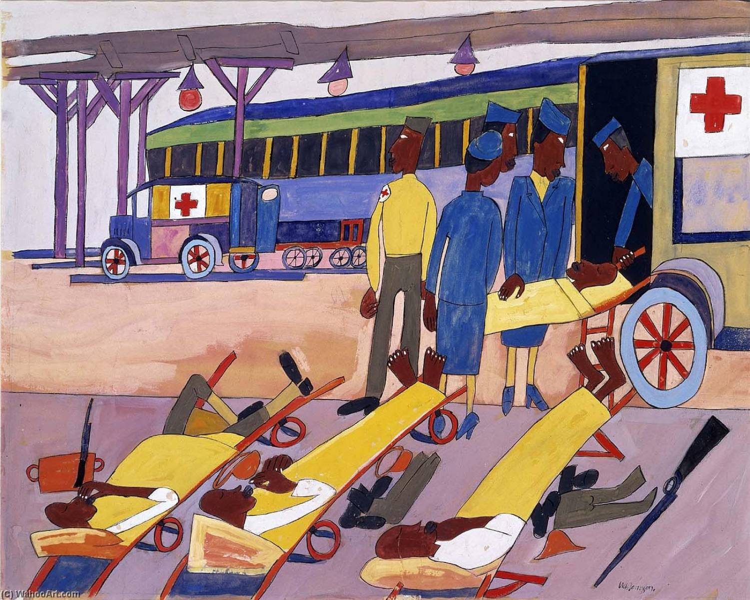 Wikioo.org - The Encyclopedia of Fine Arts - Painting, Artwork by William Henry Johnson - Station Stop, Red Cross Ambulance