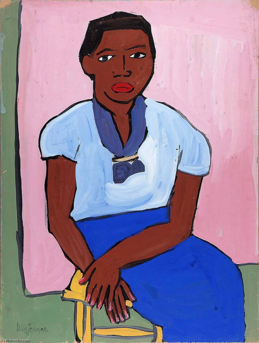 Wikioo.org - The Encyclopedia of Fine Arts - Painting, Artwork by William Henry Johnson - Seated Woman in Blue Dress on Yellow Stool