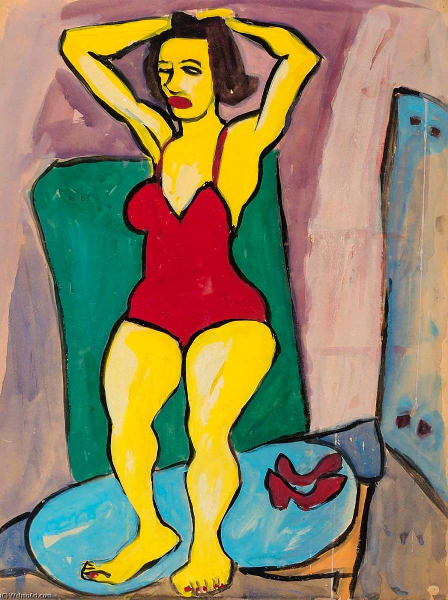 Wikioo.org – La Enciclopedia de las Bellas Artes - Pintura, Obras de arte de William Henry Johnson - de pie mujer en rojo traje de baño enestado Manos en la cabeza
