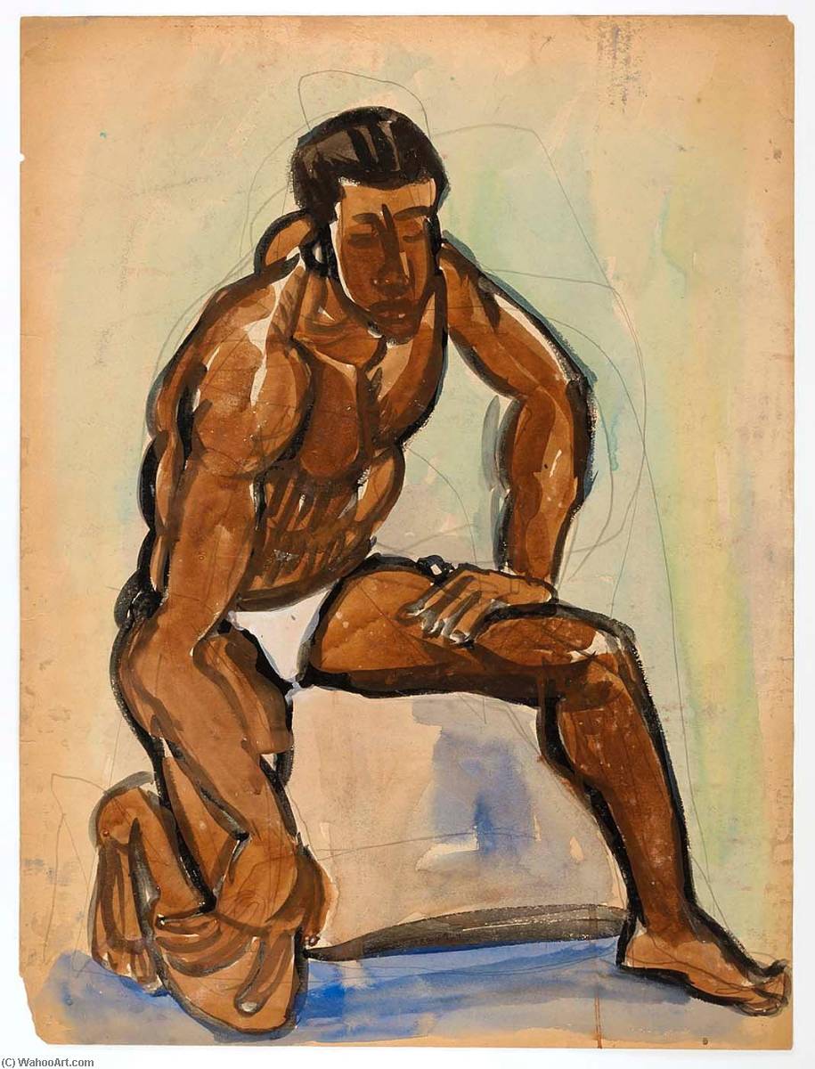 WikiOO.org - Encyclopedia of Fine Arts - Lukisan, Artwork William Henry Johnson - Kneeling Male Model