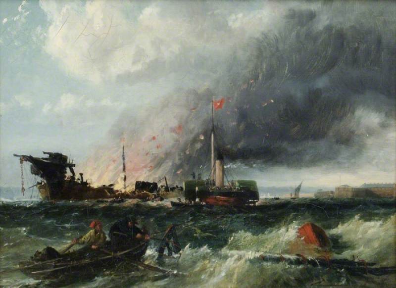 Wikioo.org - The Encyclopedia of Fine Arts - Painting, Artwork by Richard Beavis - Burning of the 'Eastern Monarch' off Fort Monckton