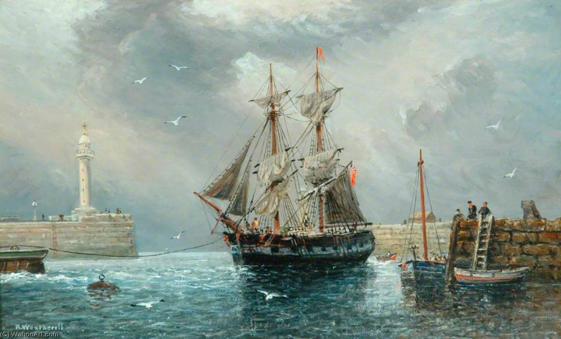 Wikioo.org - The Encyclopedia of Fine Arts - Painting, Artwork by Richard Weatherill - Ship Being Towed into Harbour