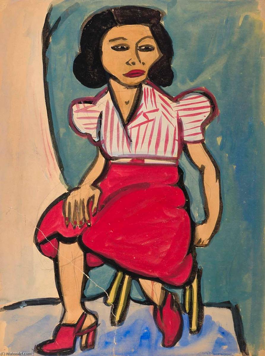Wikioo.org - The Encyclopedia of Fine Arts - Painting, Artwork by William Henry Johnson - Seated Woman in Red Skirt and Striped Blouse