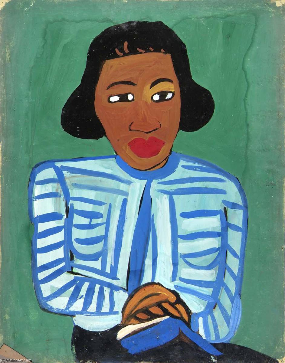 Wikioo.org - The Encyclopedia of Fine Arts - Painting, Artwork by William Henry Johnson - Portrait of Woman with Blue and White Striped Blouse