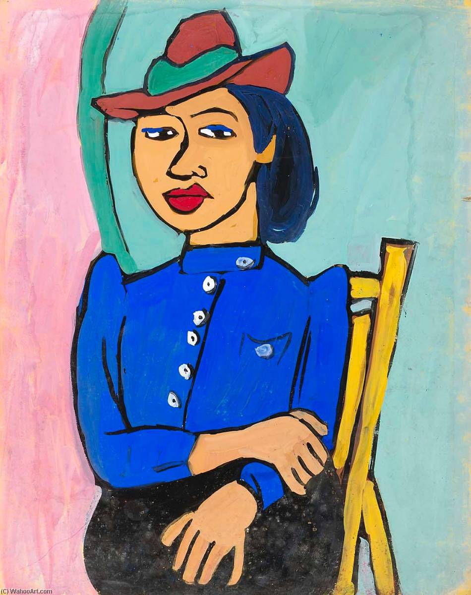 WikiOO.org - Encyclopedia of Fine Arts - Målning, konstverk William Henry Johnson - Seated Woman in Red Hat and Blue Blouse
