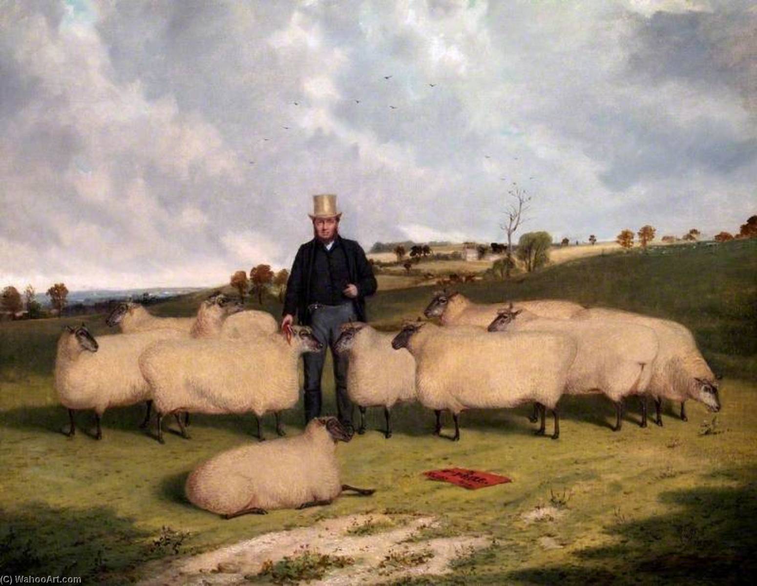 Wikioo.org - The Encyclopedia of Fine Arts - Painting, Artwork by Richard Whitford - John Treadwell and His Flock of Oxford Down Sheep