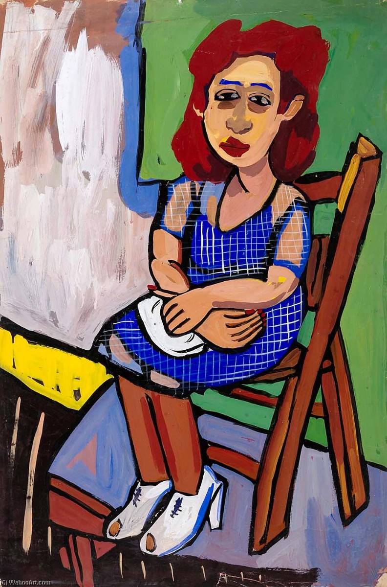 Wikioo.org - The Encyclopedia of Fine Arts - Painting, Artwork by William Henry Johnson - Seated Woman with Red Hair and Blue Dress