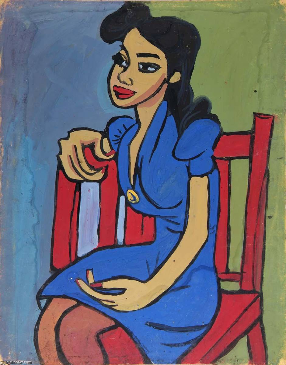 WikiOO.org - Encyclopedia of Fine Arts - Lukisan, Artwork William Henry Johnson - Woman in Blue Dress in Red Chair