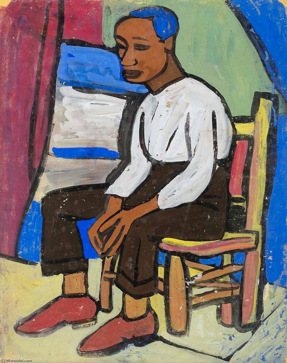 Wikioo.org - The Encyclopedia of Fine Arts - Painting, Artwork by William Henry Johnson - Seated Man with Red Shoes and Blue Hair