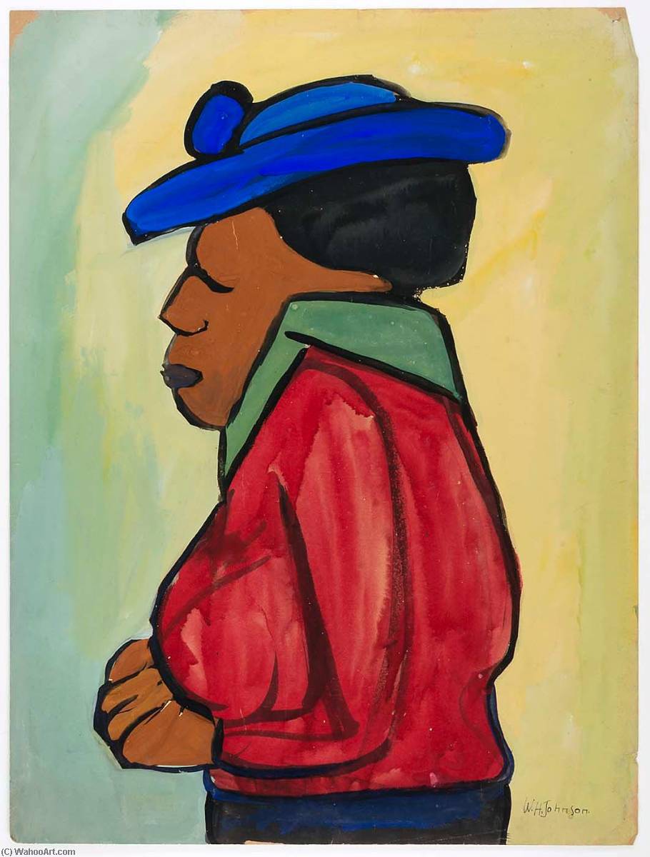 Wikioo.org - The Encyclopedia of Fine Arts - Painting, Artwork by William Henry Johnson - Woman in Blue Hat and Red Jacket in Profile