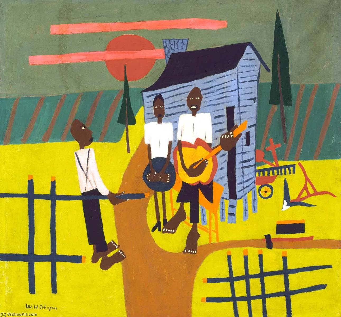 Wikioo.org - The Encyclopedia of Fine Arts - Painting, Artwork by William Henry Johnson - Folk Scene Man with Banjo