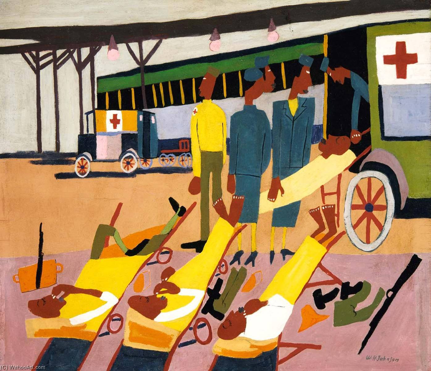 Wikioo.org - The Encyclopedia of Fine Arts - Painting, Artwork by William Henry Johnson - Red Cross Ambulance Stop