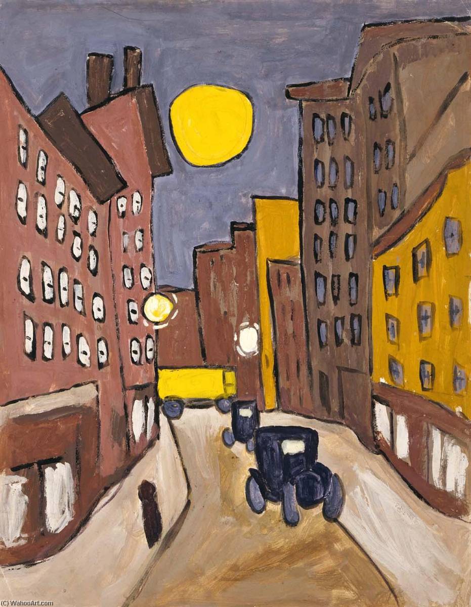 Wikioo.org - The Encyclopedia of Fine Arts - Painting, Artwork by William Henry Johnson - Harlem Street Scene with Full Moon