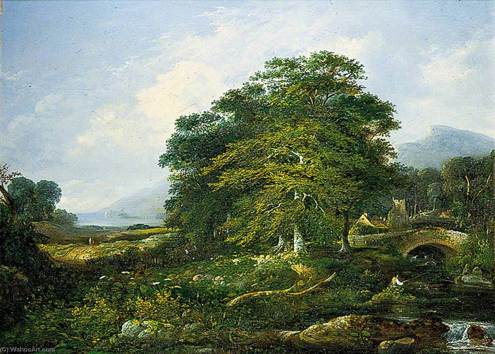 Wikioo.org - The Encyclopedia of Fine Arts - Painting, Artwork by William Henry Crome - Landscape with a Bridge and a Man Fishing