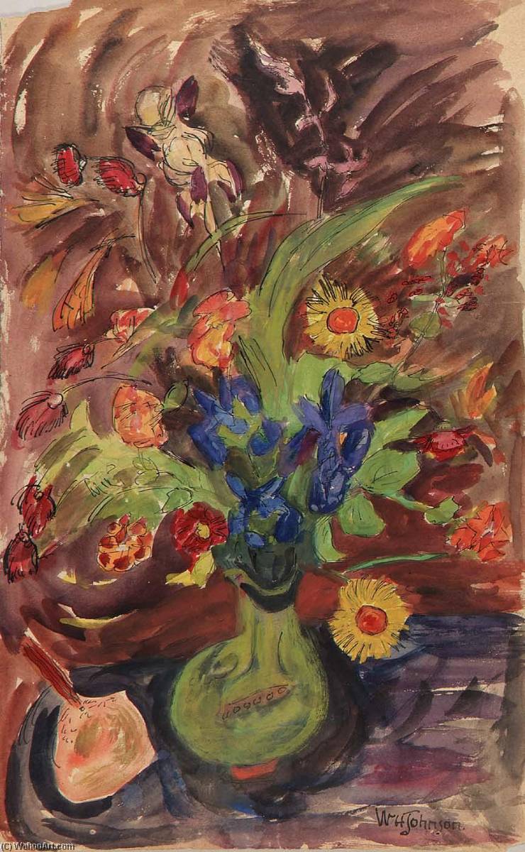 Wikioo.org – La Enciclopedia de las Bellas Artes - Pintura, Obras de arte de William Henry Johnson - naturaleza muerta verde jarrón y púrpura Diafragma y flores