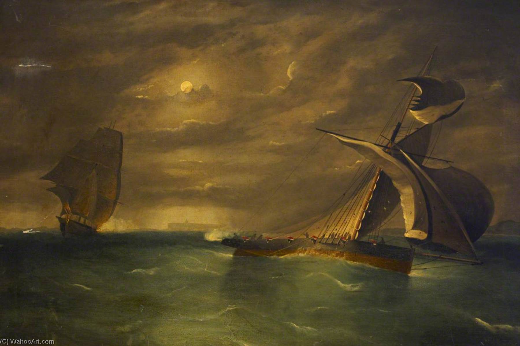 Wikioo.org - The Encyclopedia of Fine Arts - Painting, Artwork by Frederick J Tudgay - A Frigate Chasing a Smuggling Cutter