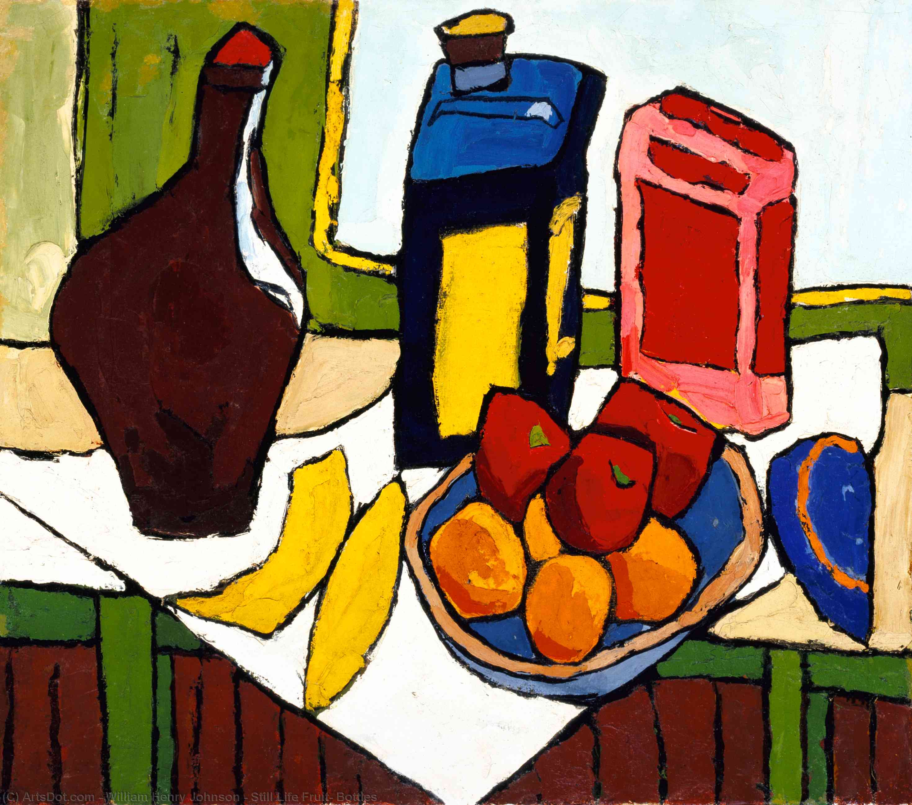 Wikoo.org - موسوعة الفنون الجميلة - اللوحة، العمل الفني William Henry Johnson - Still Life Fruit, Bottles