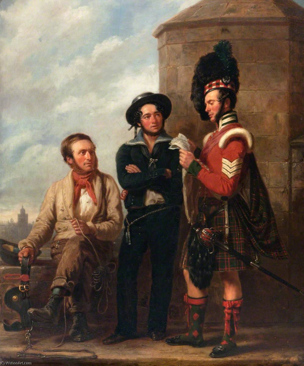 Wikioo.org - The Encyclopedia of Fine Arts - Painting, Artwork by William Smellie Watson - Ploughman, Navy Rating and Sargeant Gunner (Camerons), a Recruiter at Edinburgh Castle