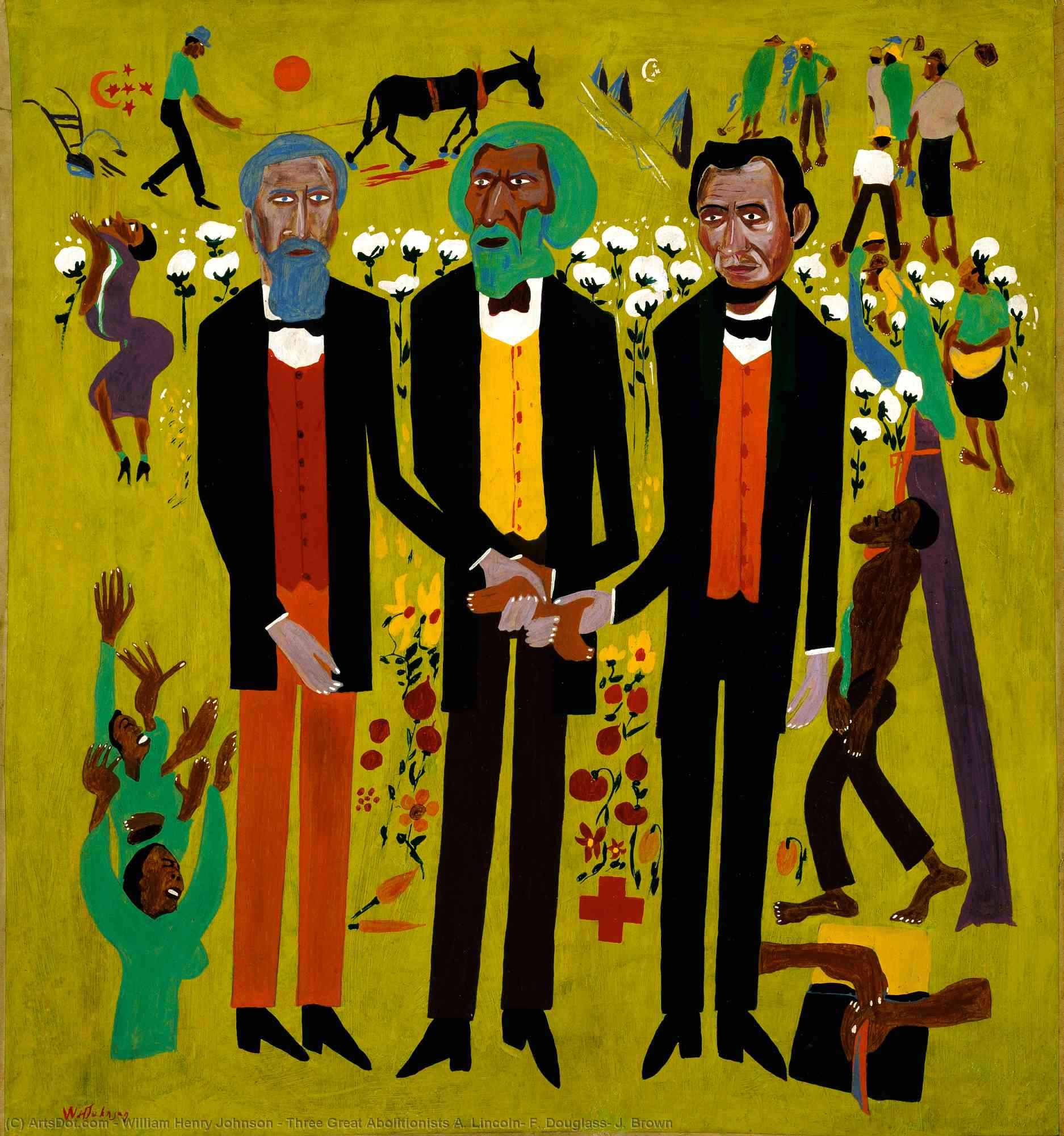 Wikioo.org - The Encyclopedia of Fine Arts - Painting, Artwork by William Henry Johnson - Three Great Abolitionists A. Lincoln, F. Douglass, J. Brown