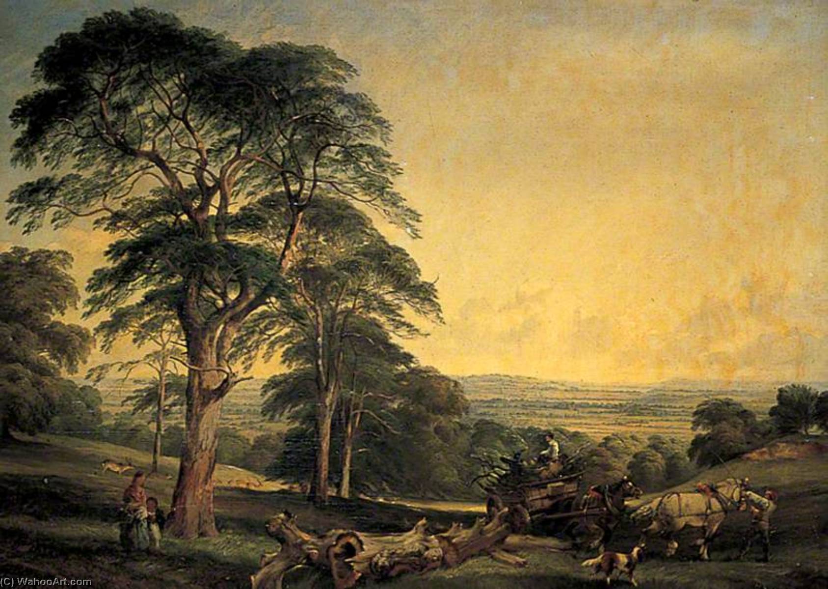 Wikioo.org - The Encyclopedia of Fine Arts - Painting, Artwork by Edward John Cobbett - A Woodland Scene with a Wagon Drawn by Two Horses