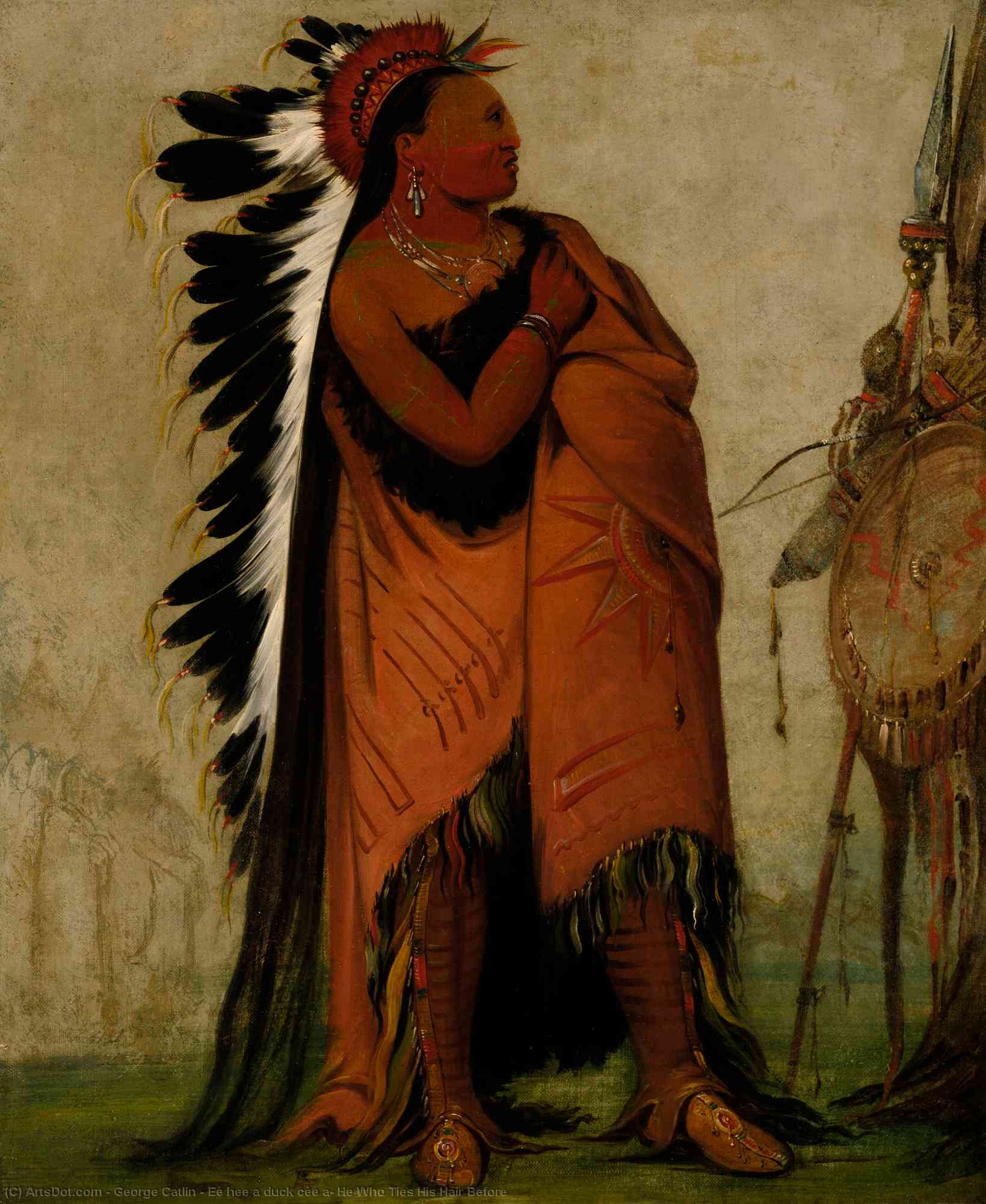 Wikioo.org - The Encyclopedia of Fine Arts - Painting, Artwork by George Catlin - Eé hee a duck cée a, He Who Ties His Hair Before