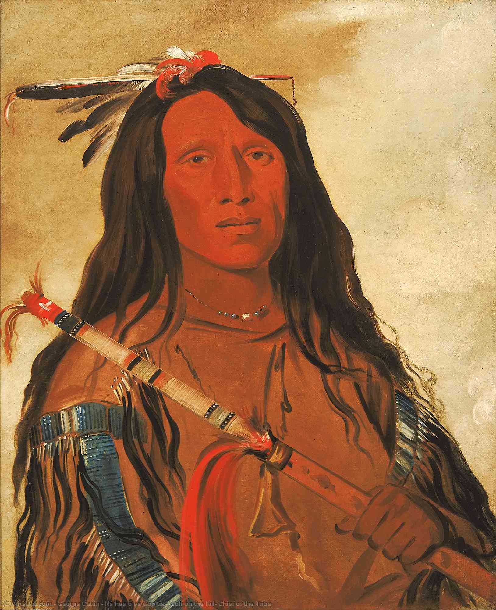 Wikioo.org - The Encyclopedia of Fine Arts - Painting, Artwork by George Catlin - Né hee ó ee wóo tis, Wolf on the Hill, Chief of the Tribe
