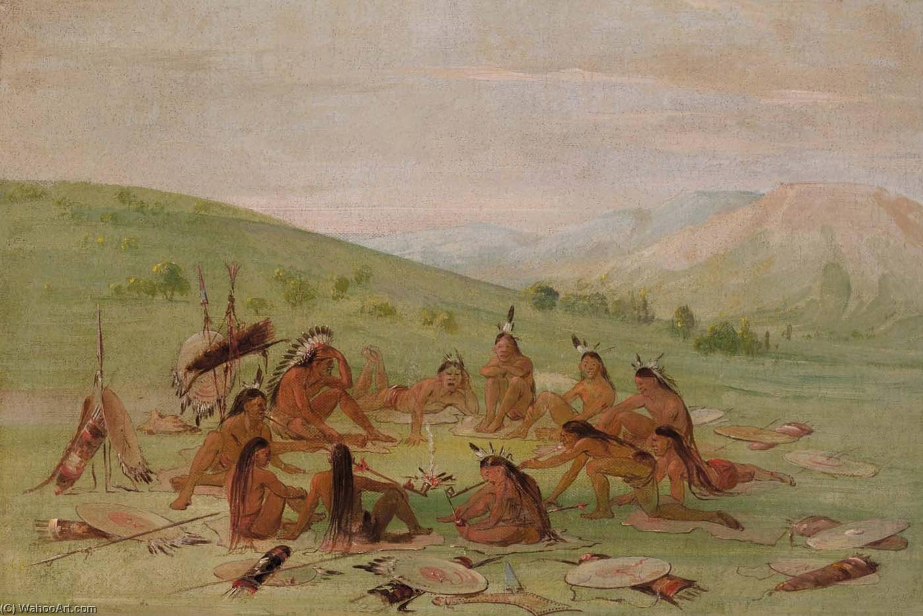 Wikioo.org - The Encyclopedia of Fine Arts - Painting, Artwork by George Catlin - Foot War Party in Council, Mandan