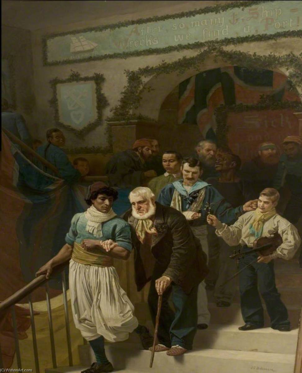 Wikioo.org - The Encyclopedia of Fine Arts - Painting, Artwork by John Charles Dollman - Friends in Adversity, Christmas Day at the Dreadnought Hospital, Greenwich (Coming Down to Dinner)