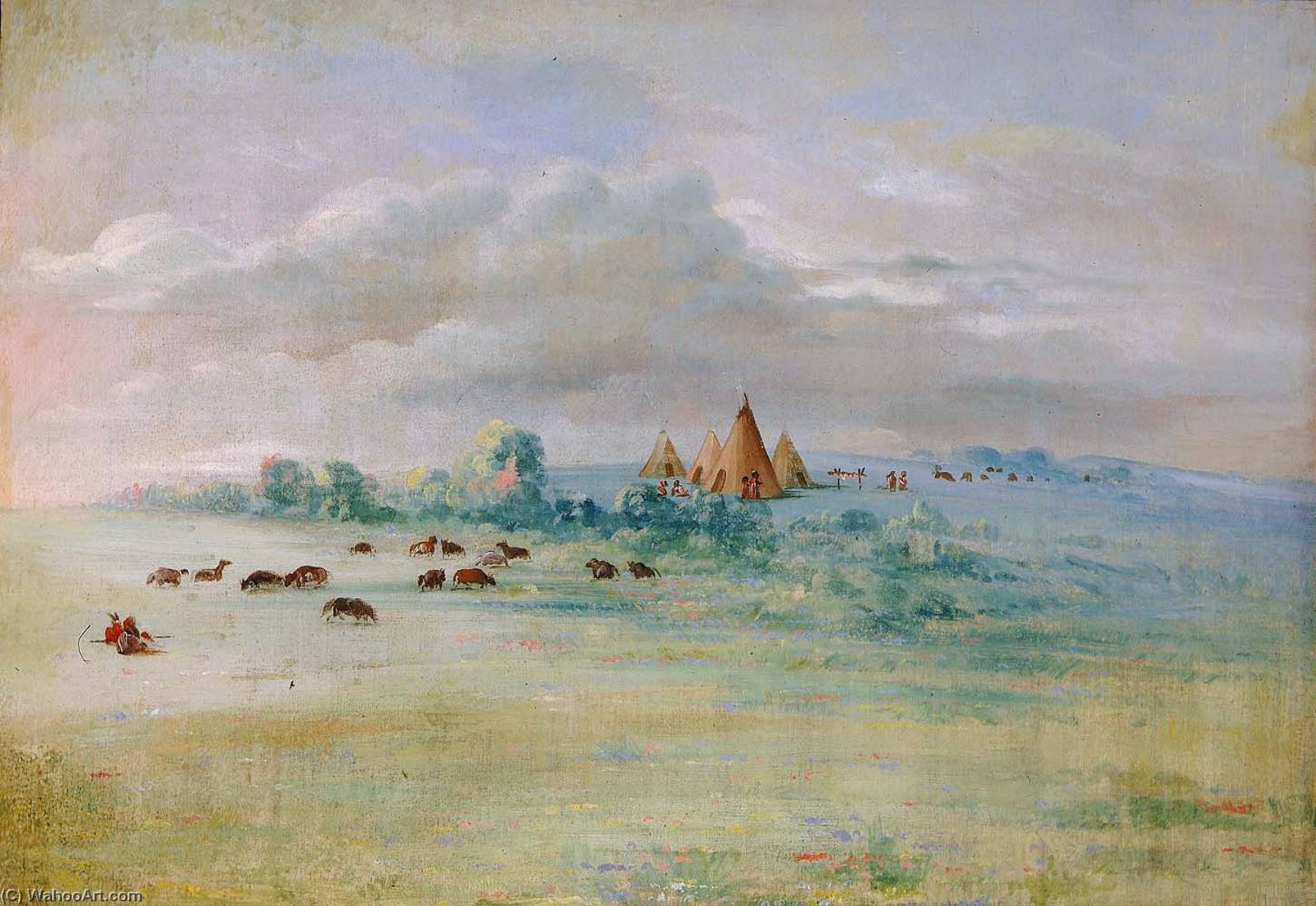 Wikioo.org - The Encyclopedia of Fine Arts - Painting, Artwork by George Catlin - Sioux Village, Lake Calhoun, near Fort Snelling