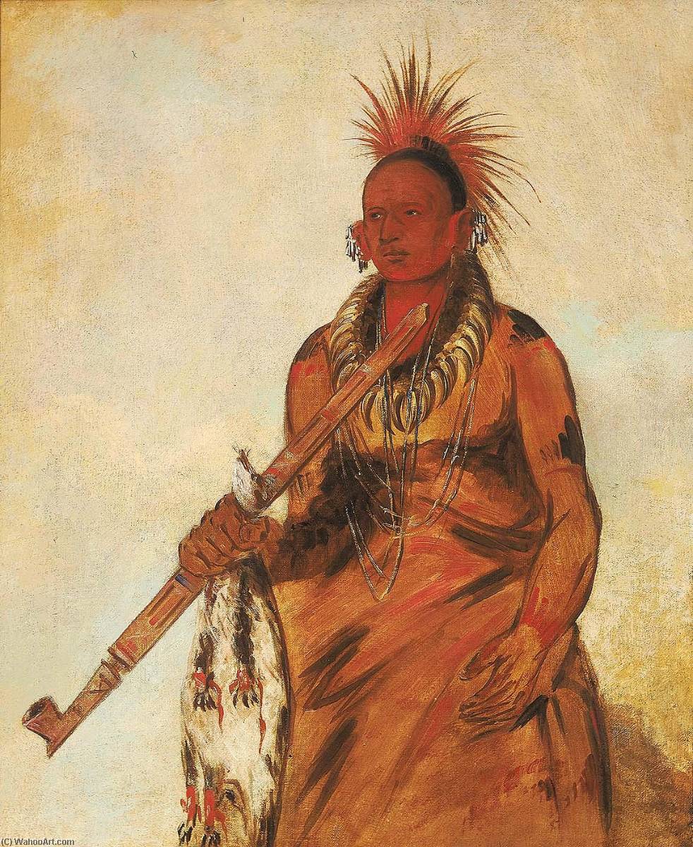 Wikioo.org - The Encyclopedia of Fine Arts - Painting, Artwork by George Catlin - No o mún nee, Walks in the Rain, a Warrior