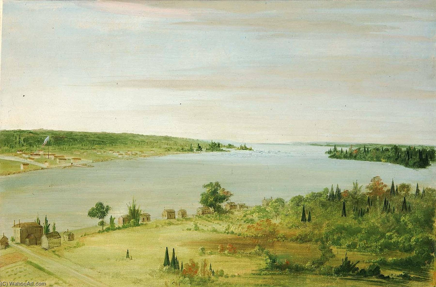 Wikioo.org - The Encyclopedia of Fine Arts - Painting, Artwork by George Catlin - Sault Ste. Marie, Showing the United States Garrison in the Distance