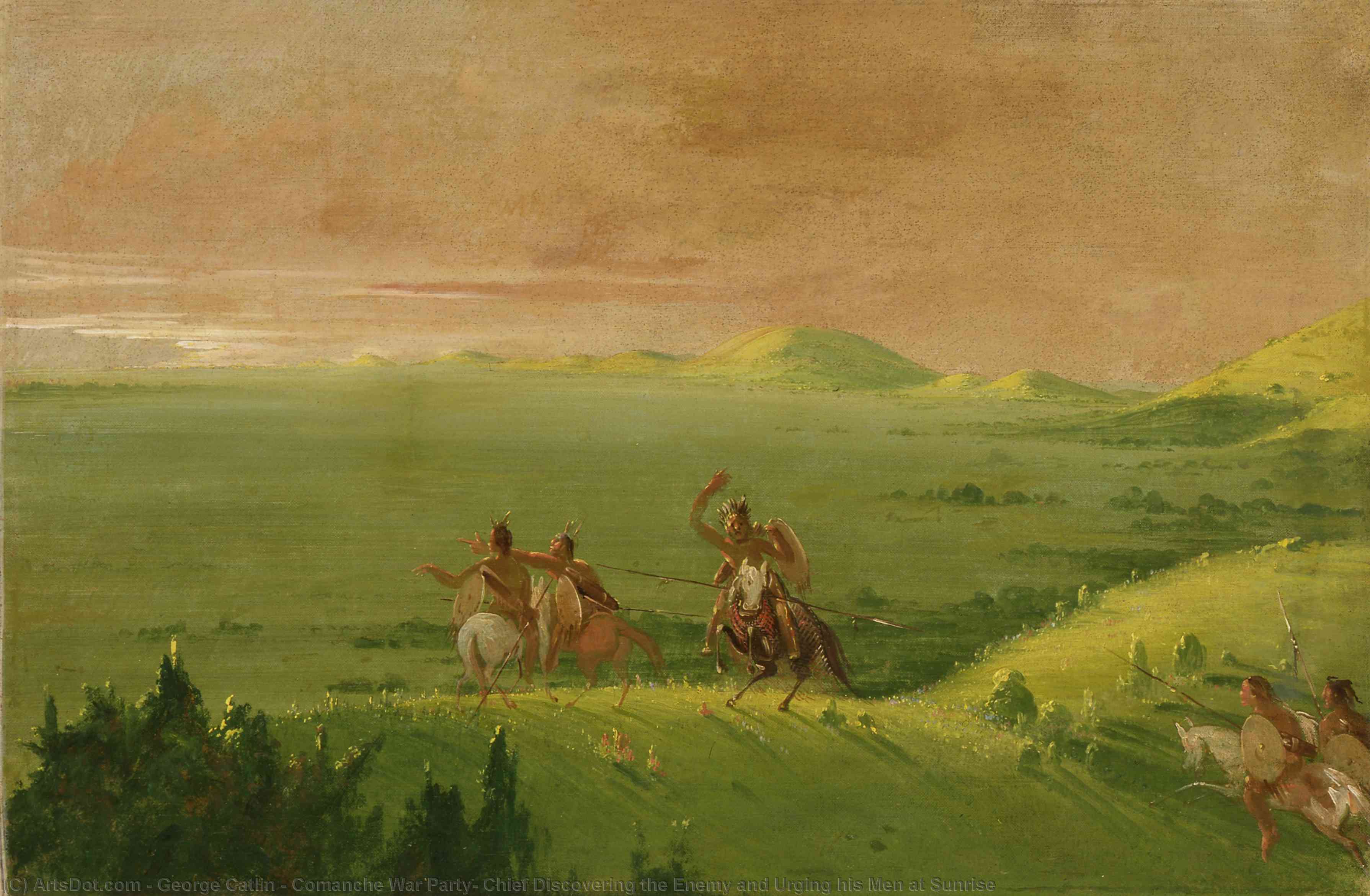 Wikioo.org - The Encyclopedia of Fine Arts - Painting, Artwork by George Catlin - Comanche War Party, Chief Discovering the Enemy and Urging his Men at Sunrise